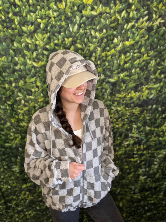 Smoke Check – Checkered Grey Sherpa Zip-Up Hoodie